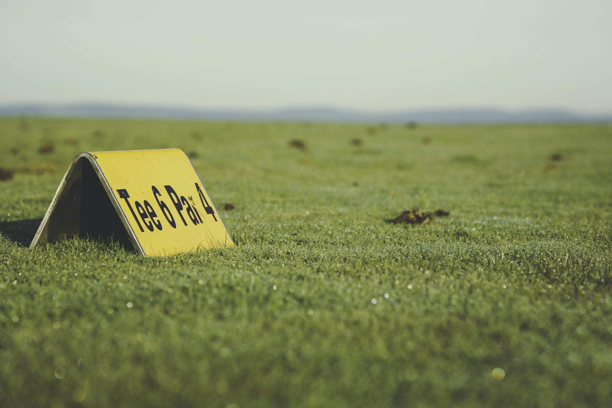 Close-up of a Tee 6 Par 4 sign on a golf course green field under clear skies.